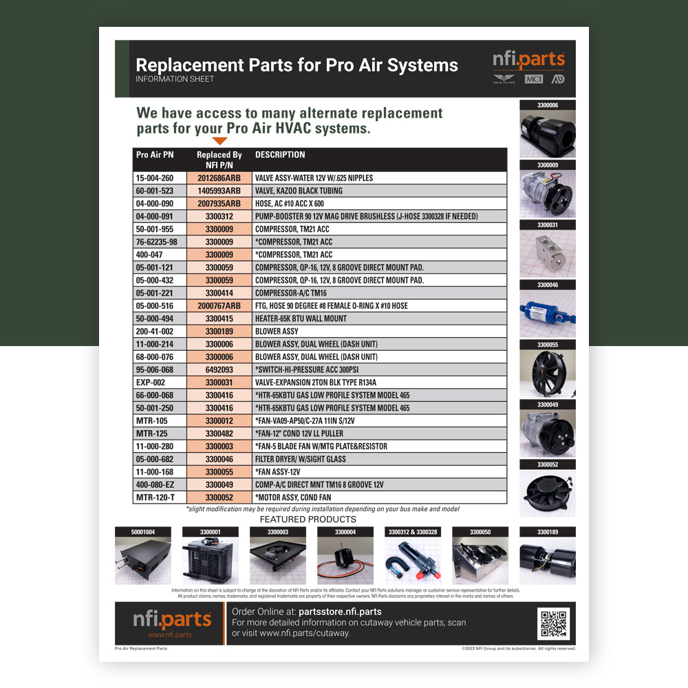 ProAir Replacement Parts for Shuttle Bus Vehicles information sheet