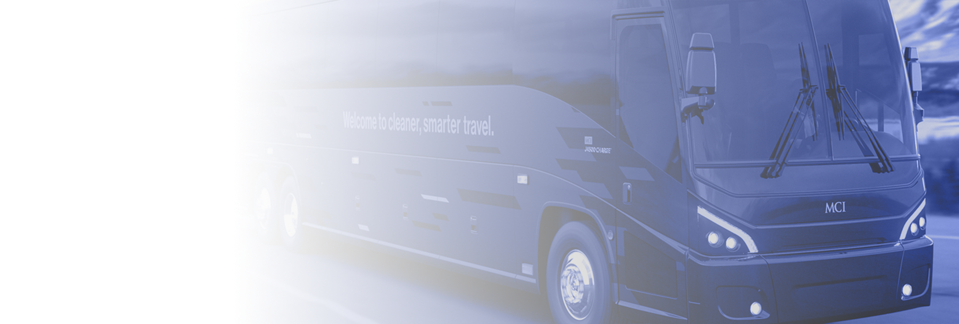 motorcoach banner MCI Coach bus blue hue gradient into white